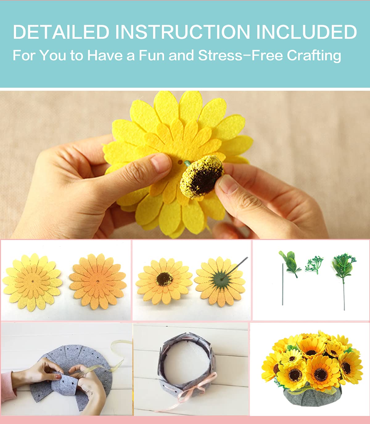 BAZIMA ALICE DIY Felt Flower Art Craft Kit, Sunflower Pot Bonsai Kit for Beginners, Floral Gifts, Arrange Pre-Cut Flowers and Foliage