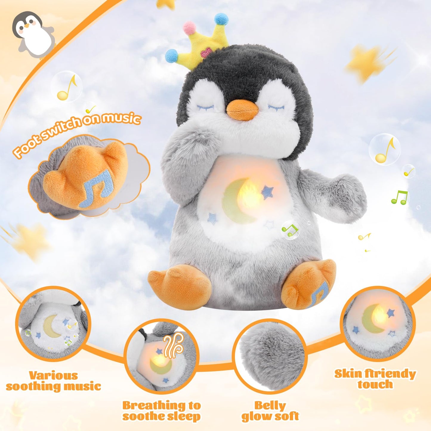 Emoin Breathing Stuffed Penguin Plush, Animal Breathing Penguin Plush Toy with Lights and Music Penguin Gifts Stuff for Adults and Kids