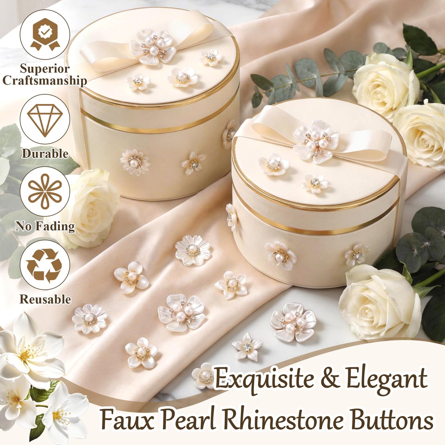 Lainballow 150 Pcs Pearl Rhinestone Buttons, Faux Pearl Embellishments Buttons, Flat Back Flower Button for Crafts, Pearl Brooch Floral Charms for Jewelry Making Wedding Hair Bouquet DIY Craft Clothes
