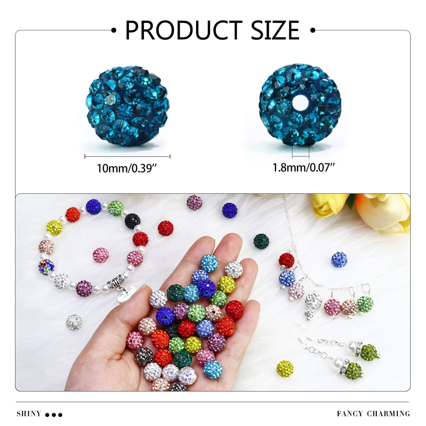 Dowarm 110PCS 10MM Rhinestone Beads for Jewelry Making, Round Polymer Clay Crystal Beads for Crafts Bracelet Necklace Earring Beaded Pen, Fancy Shamballa Disco Ball Diamond Bead