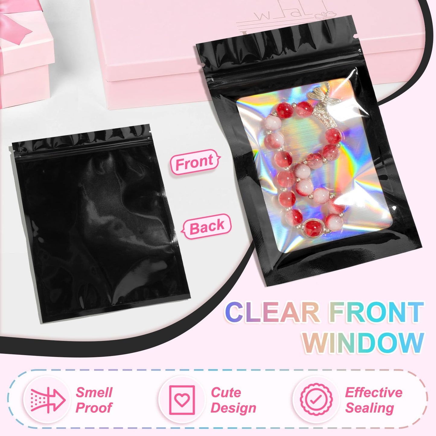 ANZNKU 100 Pack Holographic Mylar Bags, Smell Proof Sealable Packaging Bags with Clear Window for Small Business, Resealable Zip Bag for Candy Treat Jewelry Goodie Sample & Gifts (Black, 2.4 x 3.9 in)
