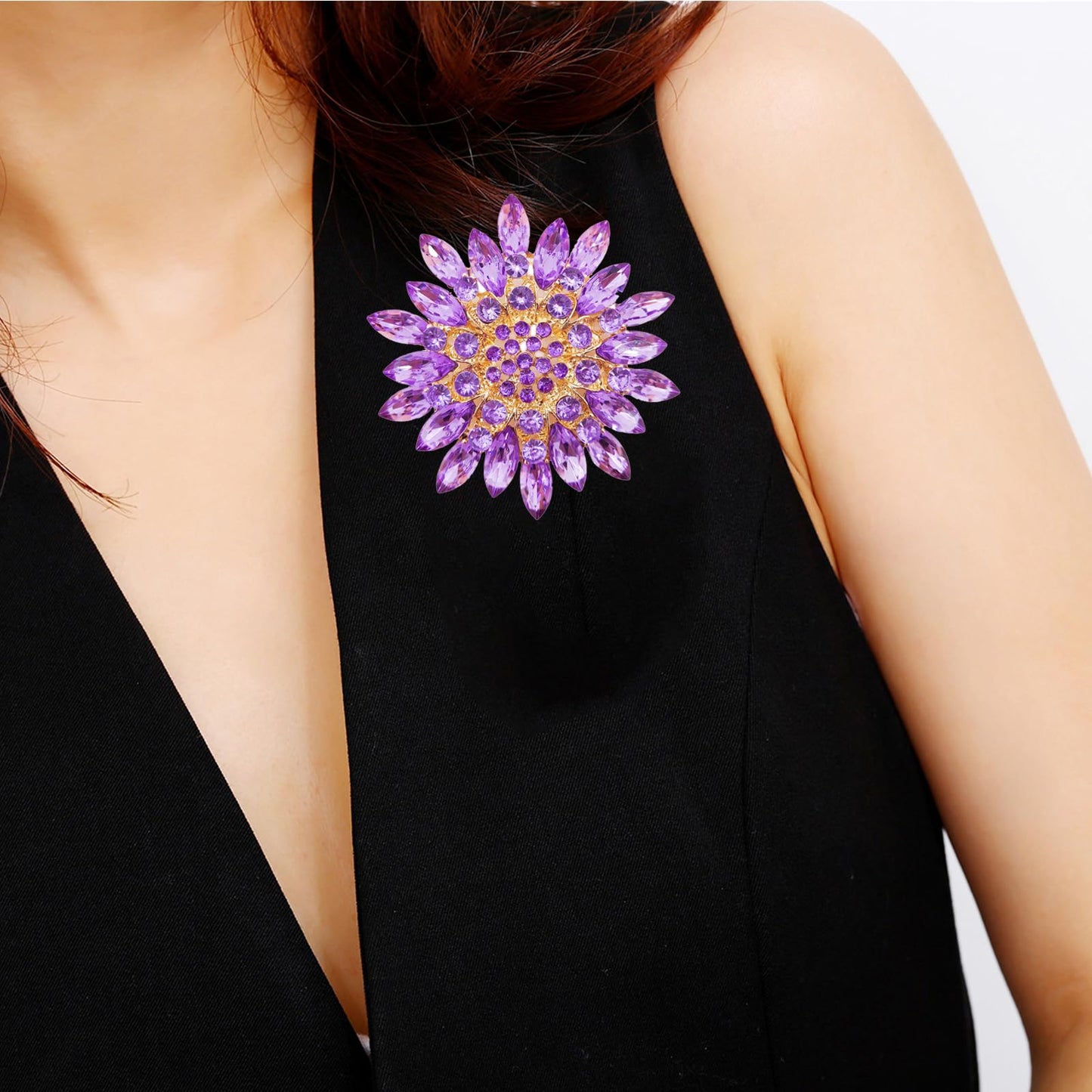 Rhinestone Large Flower Brooches Pins for Women Fashion Sparkly Crystal Sunflower Statement Brooch Wedding Party Suit Dress Formal Jewelry Accessories (purple)