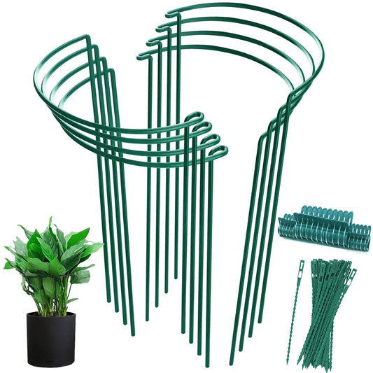 8 Pack Half Round Plant Support Stakes, Green Metal Garden Plant Supports, 9.8”W x15.7”H Plant Support Rings with 20 Pcs Plant Clips for Indoor Outdoor Plants