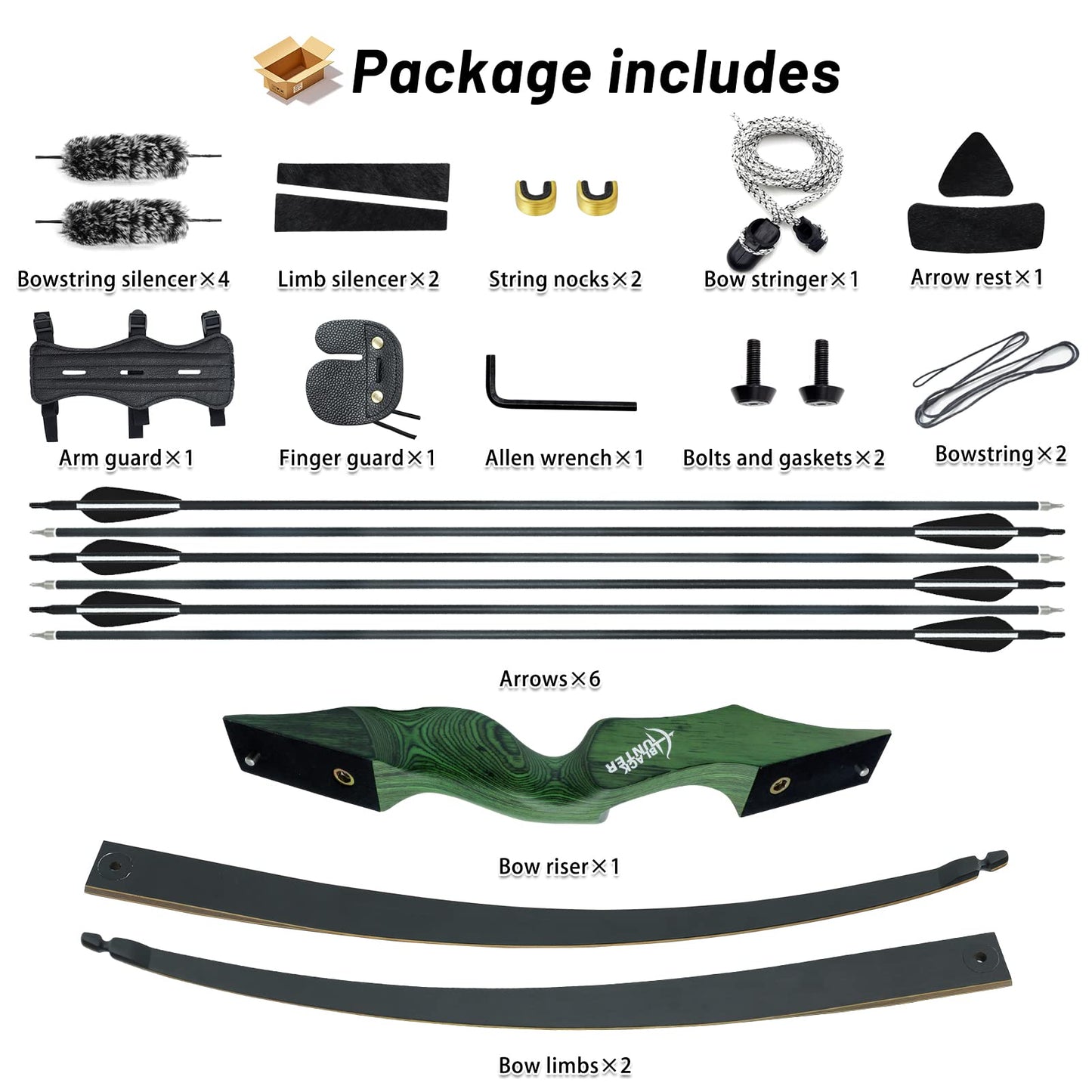 60 Inch Black Hunter Longbow 20-60 Lbs Archery Bow Takedown Bow and Arrow Set with Extra Bowstring for Adults and Beginners Hunting Right Hand Green (25LBS)