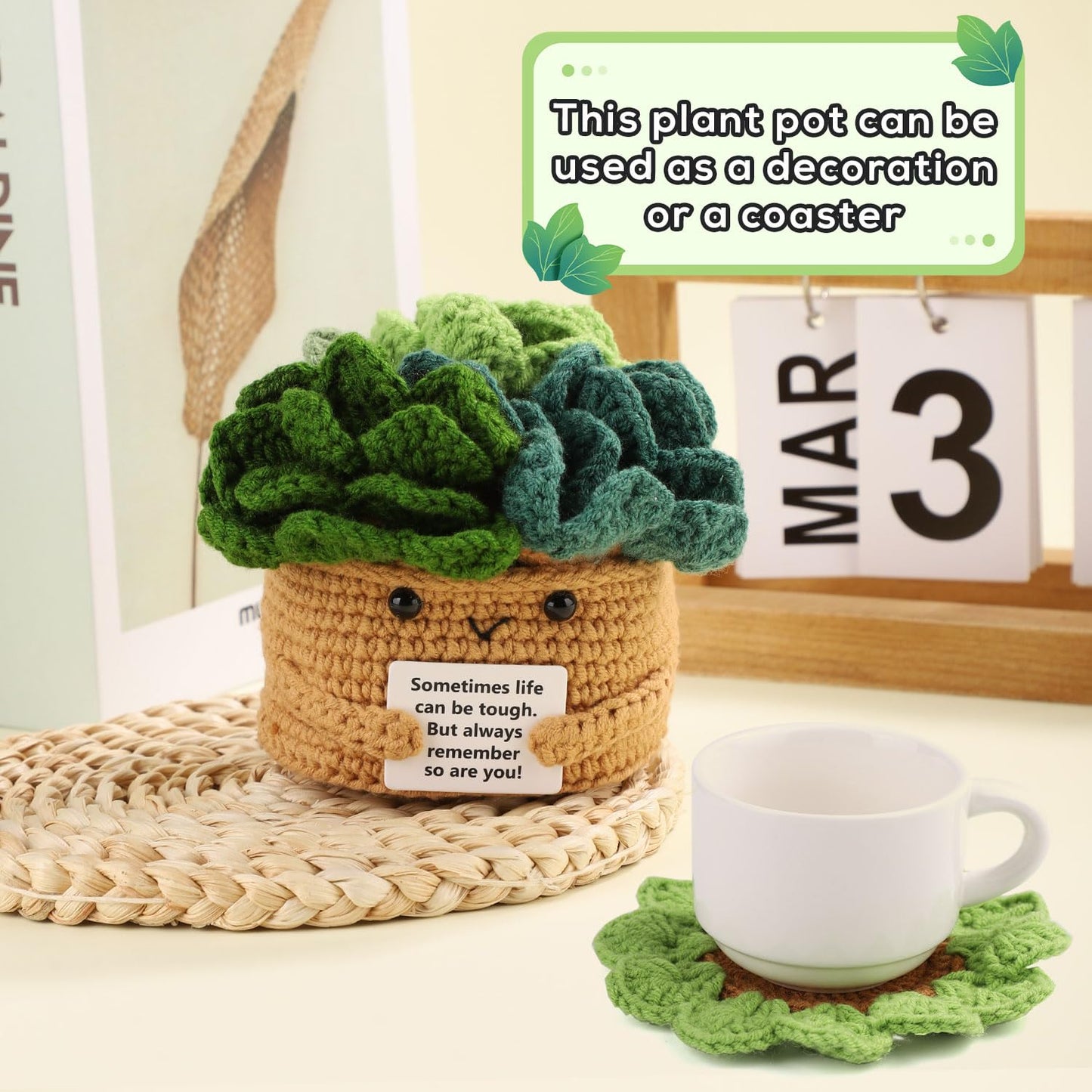 lasuroa Positive Flower Pot, Coasters Crochet Flower Mini Crochet Potted Flower Crochet Plant Pot Positive Emotional Plush Crochet with 6 Crochet Coasters for Party Decoration Encouraging Gift