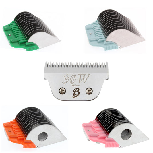 30 Wide Blade & 22mm 25mm 32mm 38mm Wide Clipper Guard Attachment Set for A5 Series Clippers| Stainless Steel Blade for Professional Dog Groomers| Snap-On/Off Design Wide Guard Combs for Dog Grooming