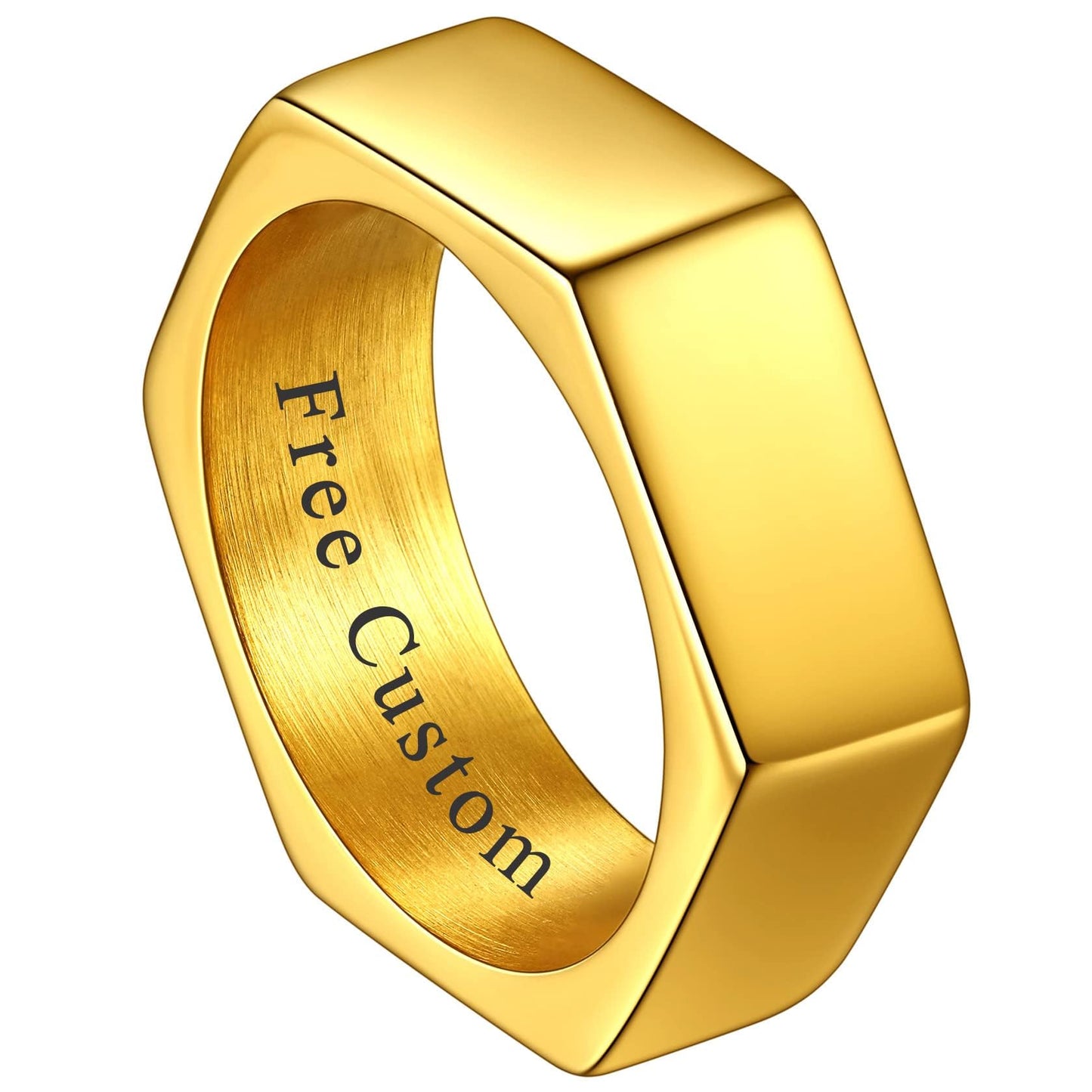 ChainsHouse Personalize Simple Band Rings 18K Gold Plated Geometric Hexagon Biker Ring for Men Women, Size 9