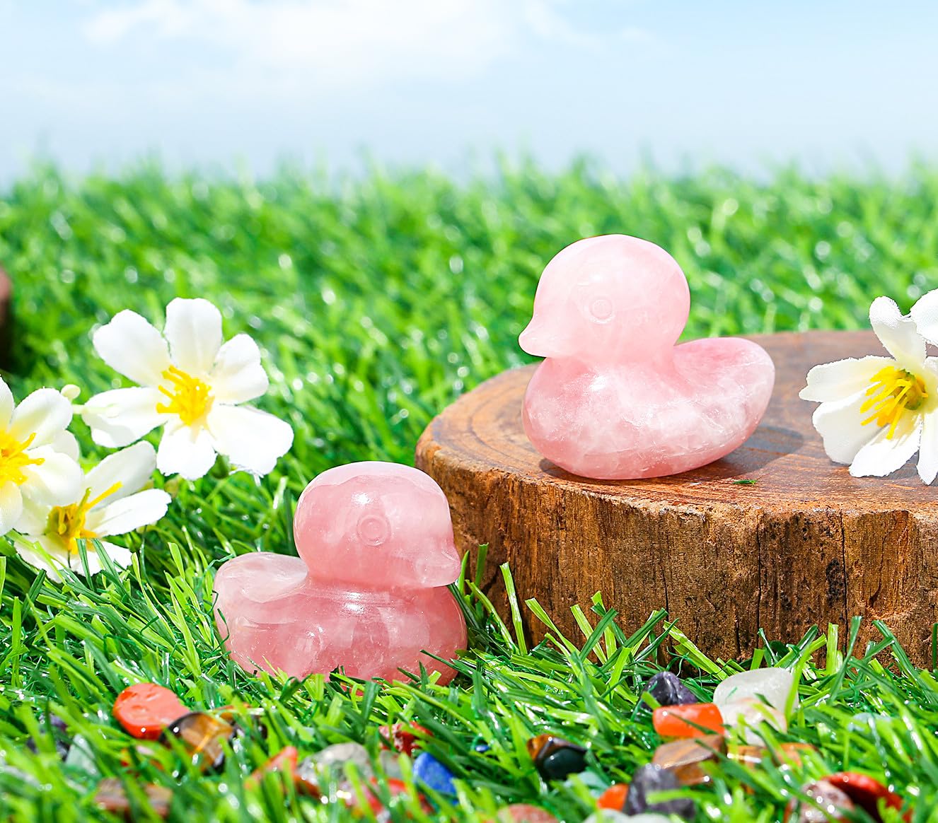 DUQGUHO Duck Figurine Gifts Statue Pink Ducks Mom Deocr Gift Rose Quartz Crystals Stones Duck Lovers Duck Collectible Desk Mothers Day Office Deocration
