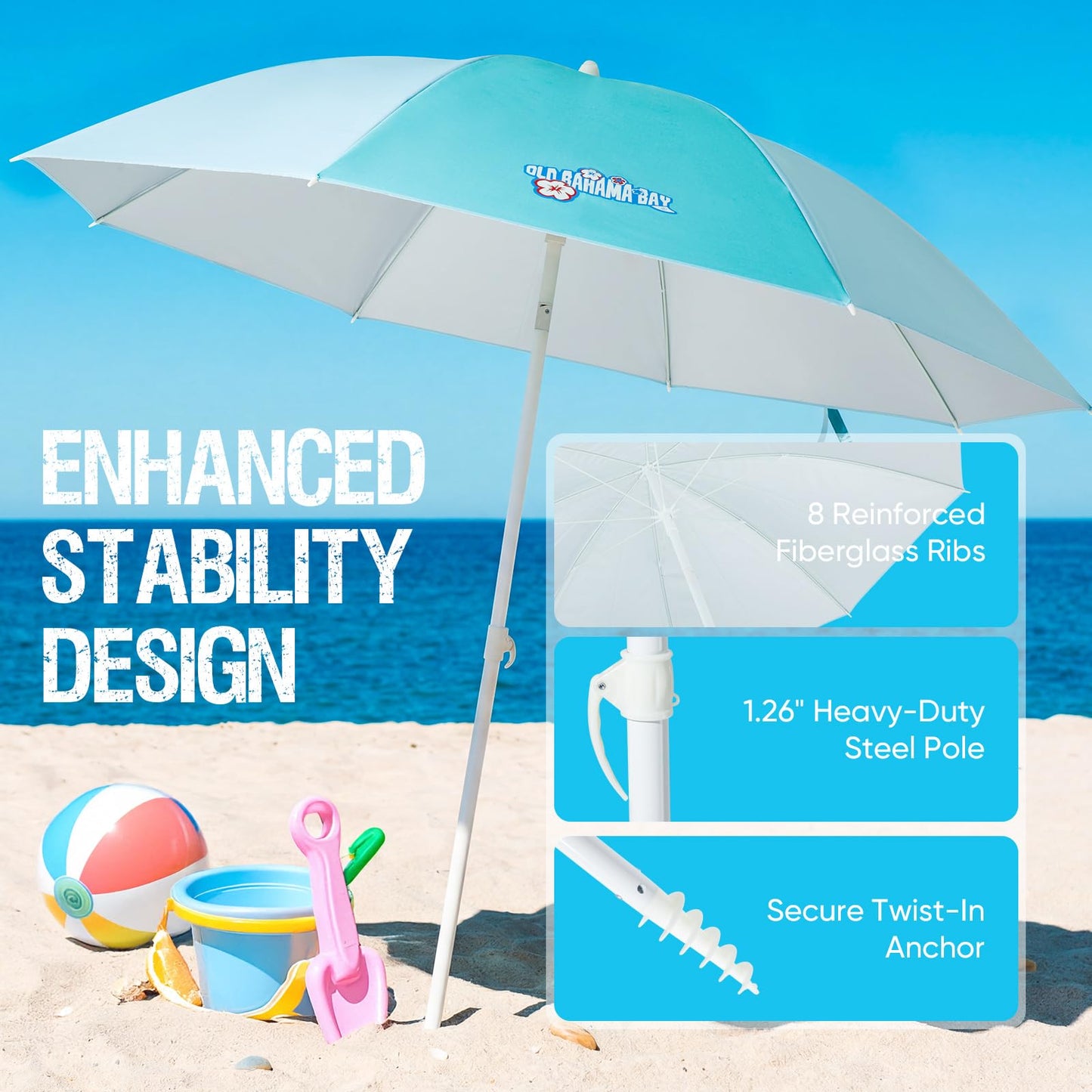 Old Bahama Bay 8ft Beach Umbrella with Sand Anchor & Tilt Mechanism, UPF 50+ UV Protection, Windproof Heavy Duty Portable Sun Shelter with Carry Bag for Beach, Garden & Backyard, Blue