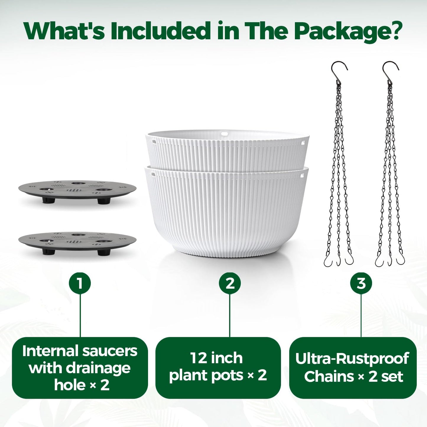 T4U 12 Inch Large Hanging Planters for Indoor Plants, 2 Pack Self Watering Pots Indoor, Hanging Baskets for Plants,Hanging Flower Pot with Drainage Hole and Plant Hanger, White