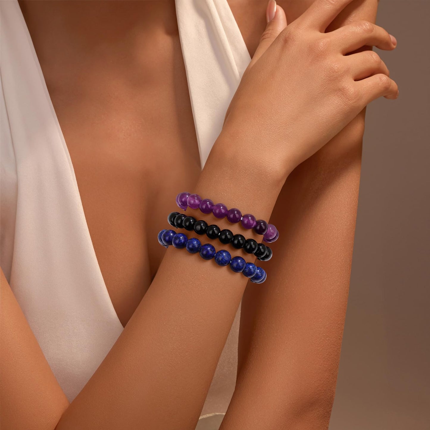 Vinswet Healing Crystal Bracelets for Women Men 8mm Amethyst Lapis Lazuli Black Obsidian Natural Stone Beaded Stretch Bracelet Handmade Gemstone Stress Relief Reiki Spiritual Jewelry Gifts