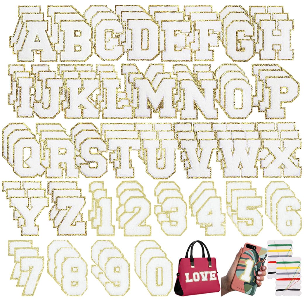 108 Pcs Self Adhesive Chenille Letter and Number 3D Embroidered Patches,Iron on Sew on Letters Alphabet A-Z, Number 0-9 Chenille Fabric Stickers for Clothing, Hats, Shoes, Bags,Jeans,Coats-White