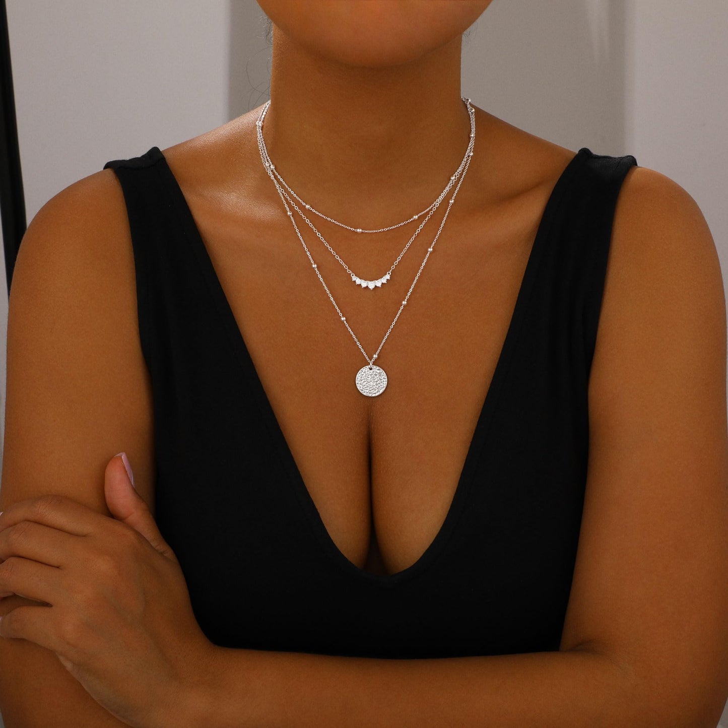 Layered Gold Necklaces for Women Stackable Dainty 14K Gold Plated Silver Chain Necklace Layering Cute Fashion Pendant Choker Necklaces Trendy Jewelry Set Gifts for Women (hammered texture round, silver)