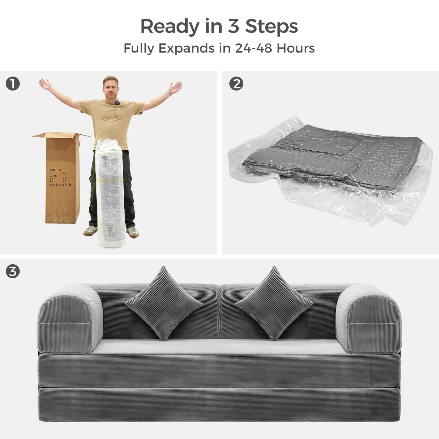 HipyMo 4-in-1 Folding Convertible Sofa Bed, 78 Inch Boneless Couch with Fixed-Shape Frame, Loveseat Sleeper with Pull Out Bed, Floor Sofa Modular Futon Couch for Living Room Bedroom Lounge (Gray)