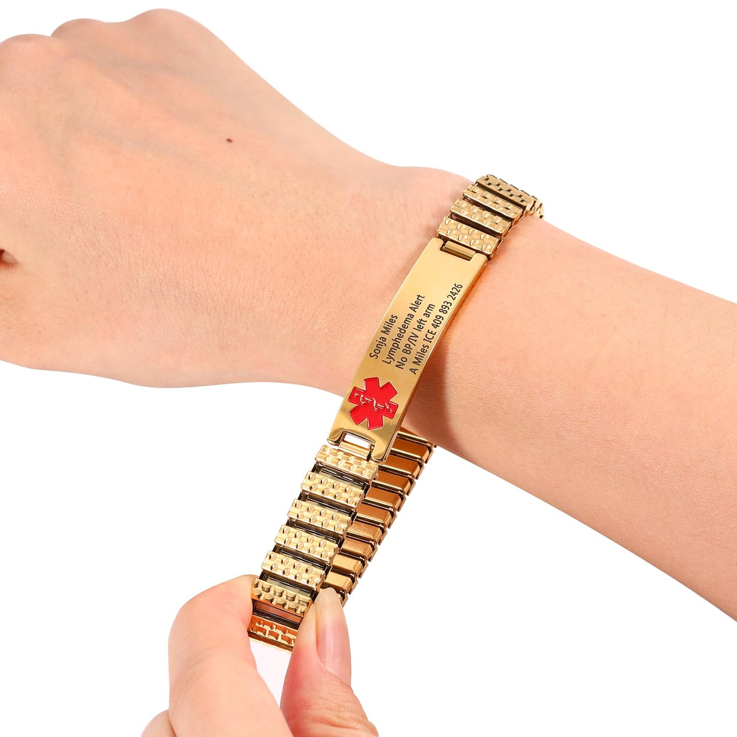 Personalized Medical ID Bracelets for Men - Custom Emergency Alert Bracelet for Women Engraved Medic Info Elastic Stainless Steel Bracelets for Family Autism Allergy Diabetic Epilepsy (Gold, 19.5cm)