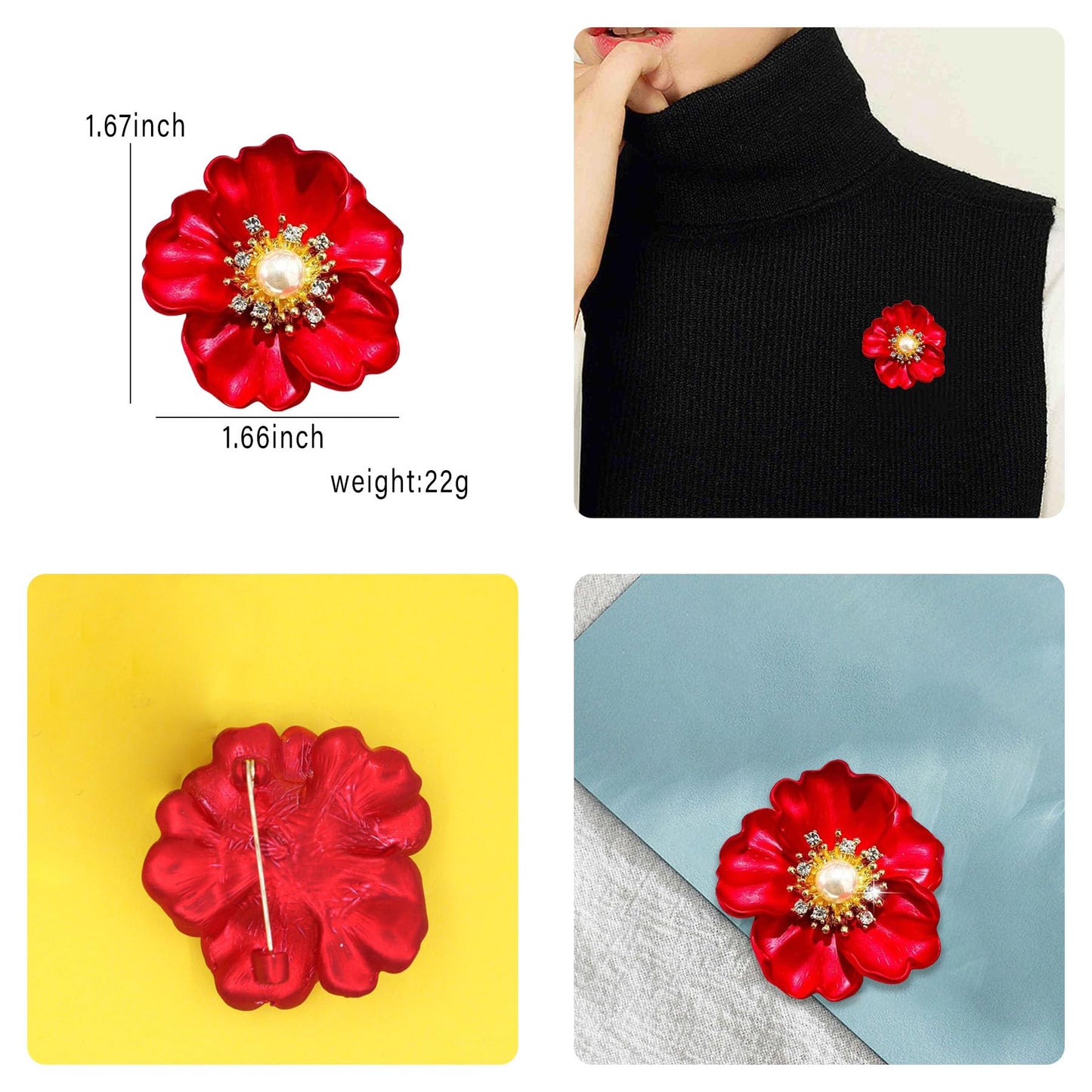 Crystal Red Flower Brooch Pins for Women Elegant Enamel Rhinestone Floral Brooches Pin Fashion Jewelry for Party Dance Wedding Banquet Brooch for Women Gift (Red)
