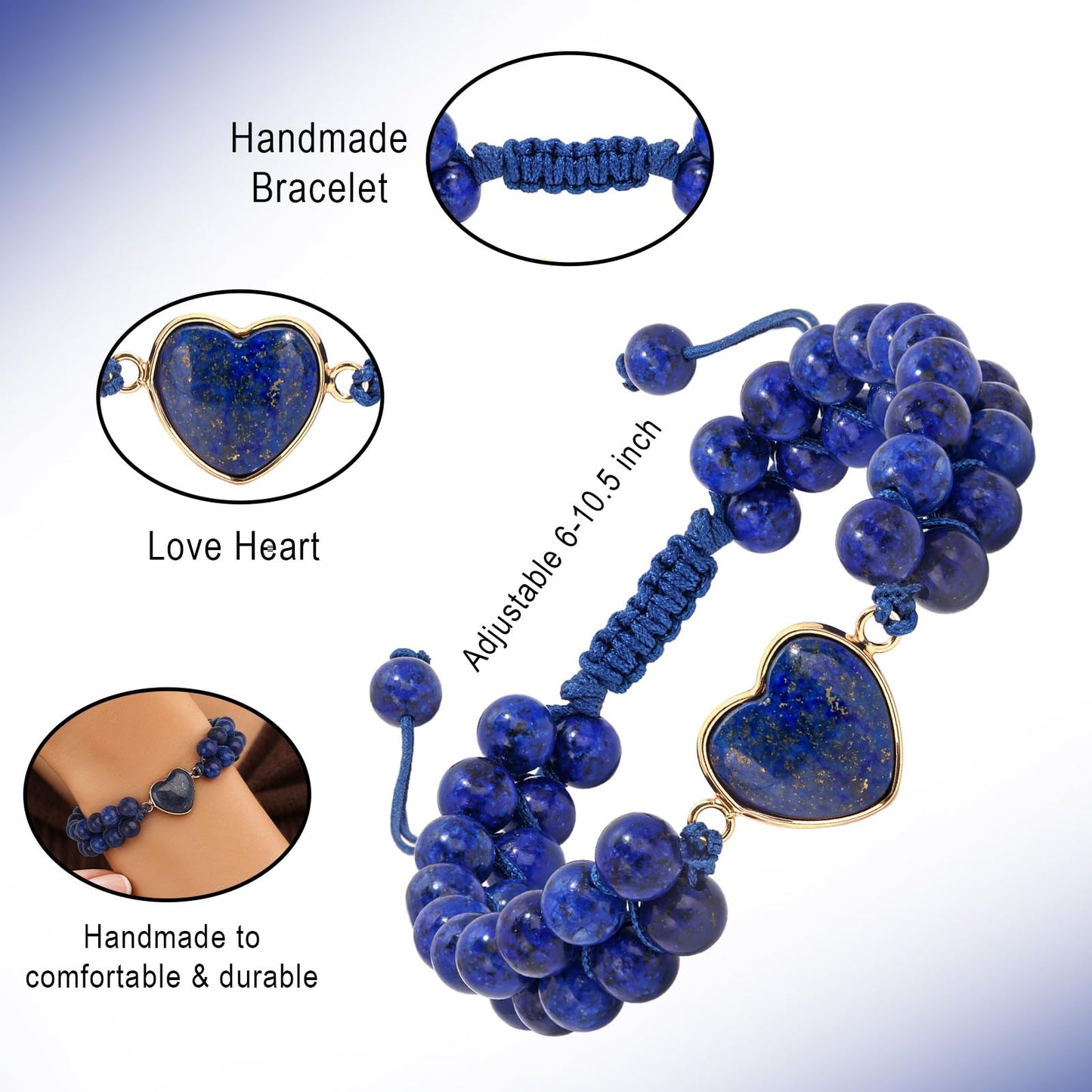 Natural Stone Bracelets for Women Crystal Beaded Bracelets Lapis Lazuli Heart Handmade Adjustable Bracelet Braided Healing Crystal for Women Men Mothers Day Christmas Graduation Gifts Jewelry