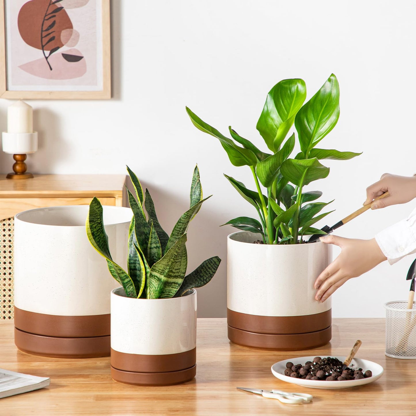 vancasso Ceramic Pots for Plants, Plant Pots for Indoor Plants, 6.25+8.25+10.25 Inch Ceramic Planters, Flower Pots with Drainage Holes, Planters Pot for Indoor House Plant, Set of 3, Khaki