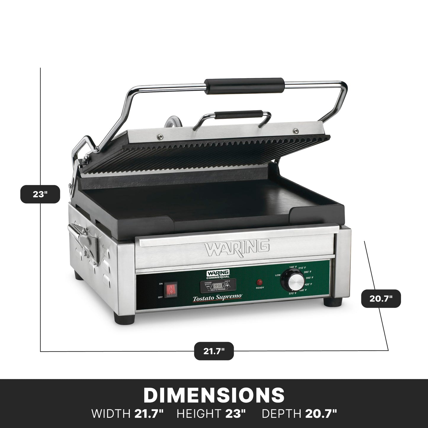 Waring Commercial WDG250T Tostato Supremo Ribbed Top Plate and Flat Bottom Plate Large Surface Panini Grill, With 20 Minute Timer, 120 V, 1800W, 5-15 Phase Plug