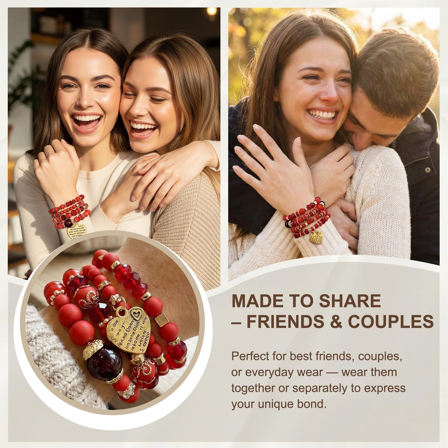 Ysenchan Bohemian Bracelet Set for Women, 4 Pcs Beaded Stackable Bracelets with Heart Charm, Stretch Bracelets, Boho Jewelry Gift – [Red]