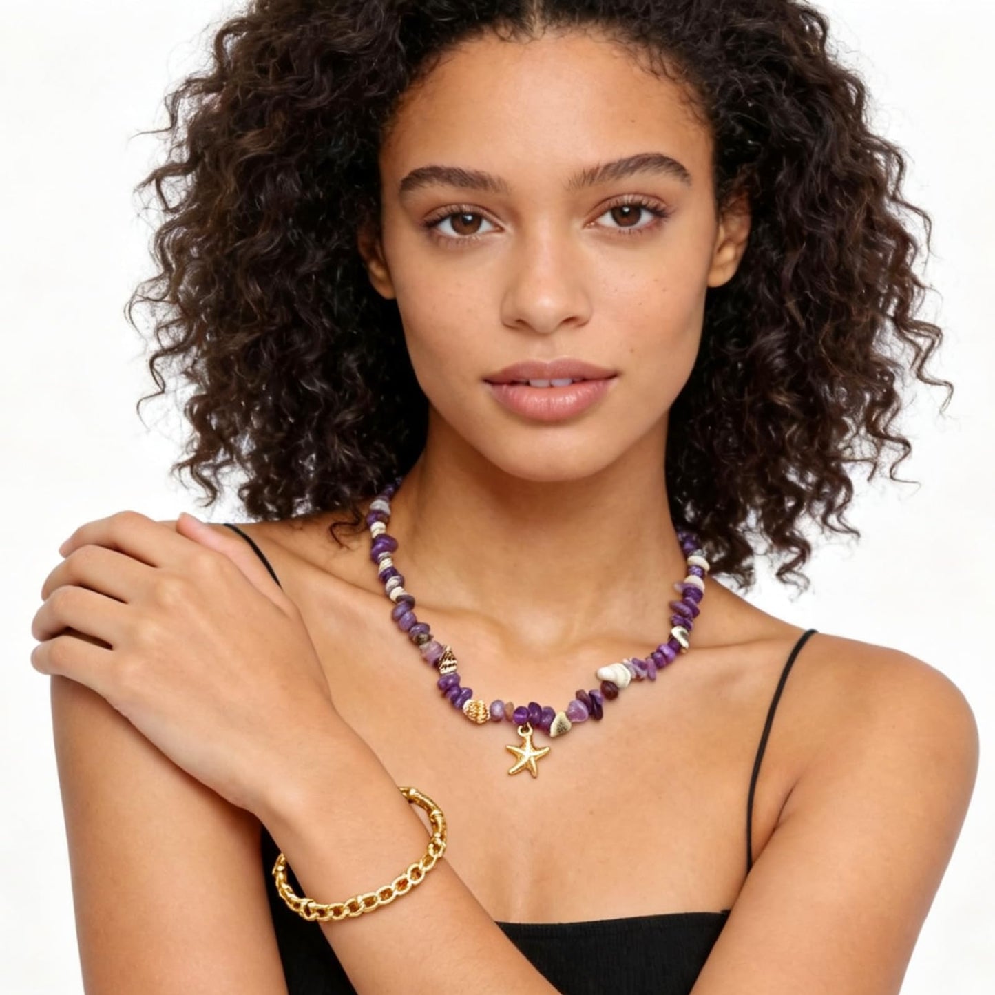 Amethyst Necklace for Women, 14K Gold Plated Dainty Starfish Natural Amethyst Crystal Beaded Necklaces Waterproof Handmade Beach Summer Boho Choker Bead Ocean Beachy Vacation Necklace for Women