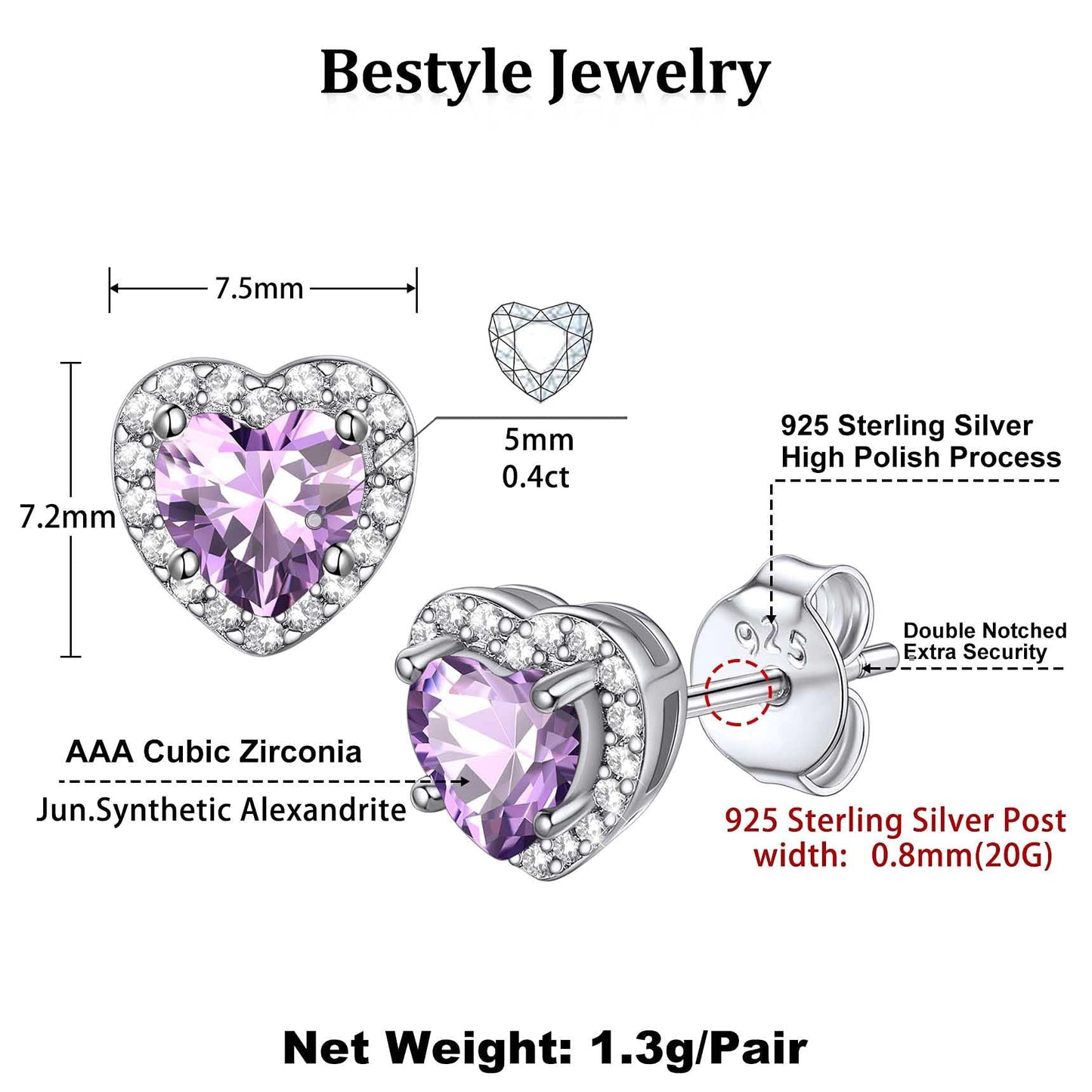 Bestyle Flattering June Alexandrite Heart Birthstone Earrings for Women Dainty Hypoallergenic Silver Earrings for Women Cute Purple Heart Studs