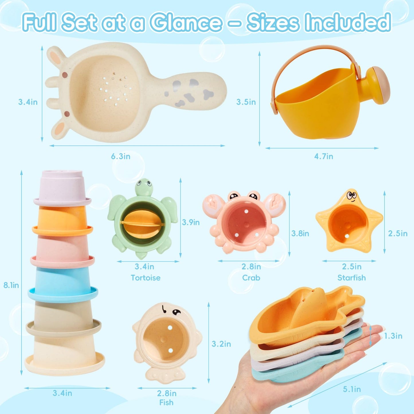 Baby Bath Toys for Kids Ages 1-3, 16PCS Mold Free Bath Toys for Toddler 2-4 & Babies 6-12-18 Months Bath Cups Watering Can with Storage Bag Montessori Bathtub Sand Pool Water Toys for 1+ Years Old