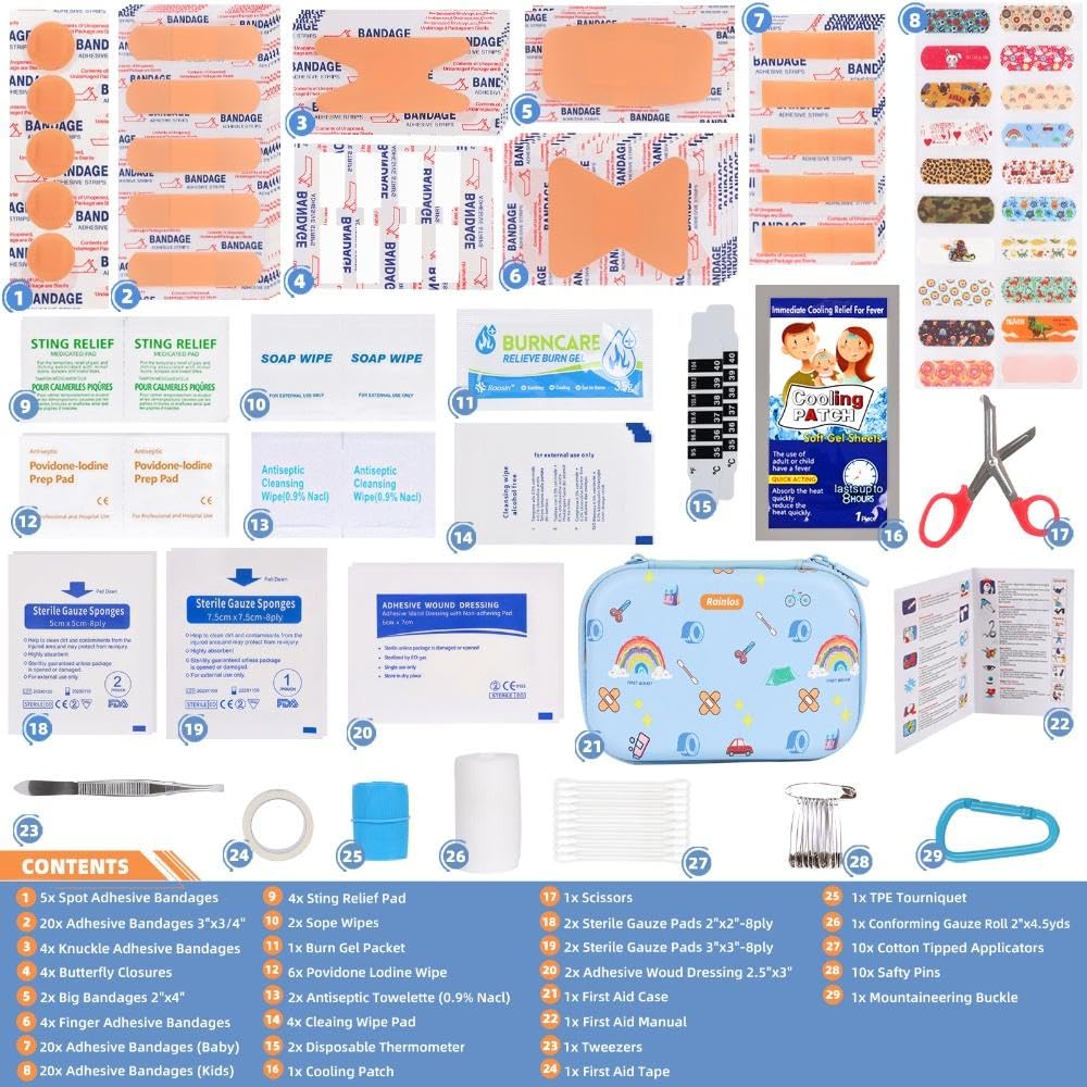 RAINLOS Small-First-Aid-Kit-for-Home-Car-Travel-Camping-Hiking-Kids, Mini Cute Portable Medical Emergency Kits Fits into a Purse, Diaper Bag & Backpack, Travel Must Have