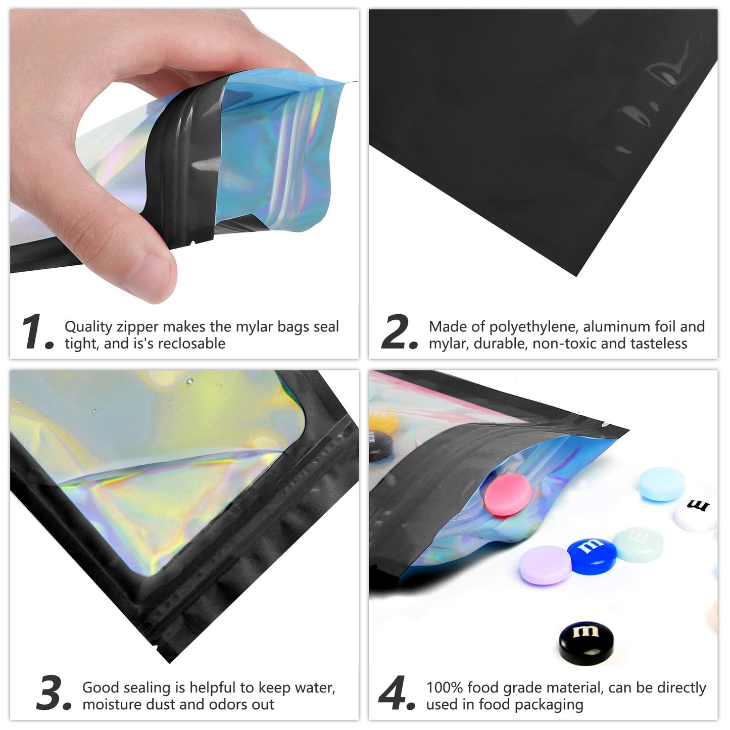 Funfery 100 pcs Black Smell Proof Mylar Holographic Packaging Bags,Clear Resealable Odor Proof Bag Foil Pouch Zipper Bag for Food Storage,Snack,Gloss,Jewelry,Lash,Card Packing for Small Busines(4x6In)