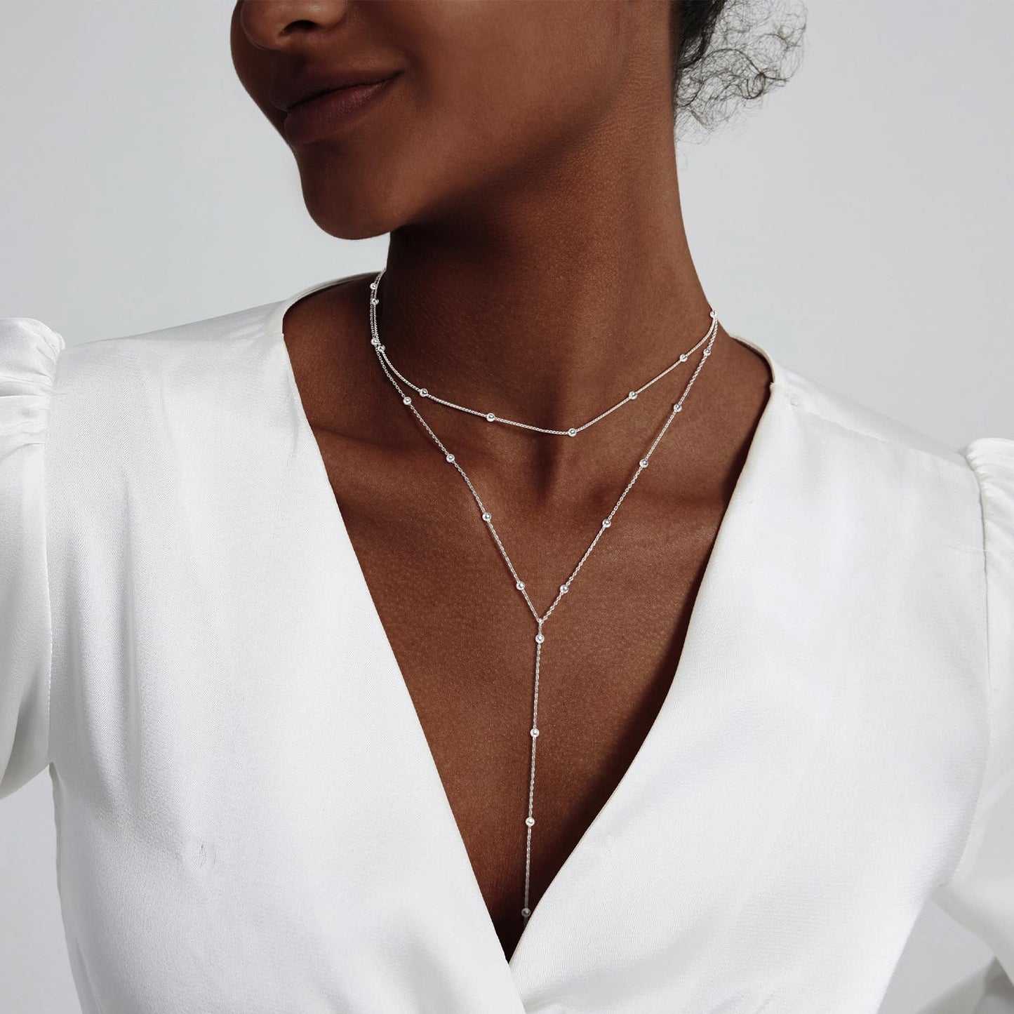 Luxval Silver Necklace for Women Dainty Silver Plated Layered Necklaces Trendy Lariat Beaded Long Necklace Simple Jewelry for Women Gift