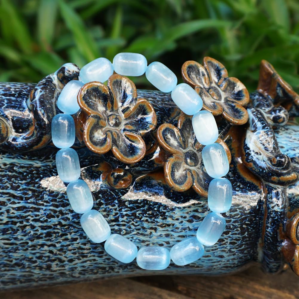 TaHLga Natural Selenite Crystal Bracelet for Women Men | 8x12mm Blue Plated Cylinder Beads | Authentic Stone with Leather Pouch, Gift Box & Repair Kit | Fits 7.5 inch Wrist
