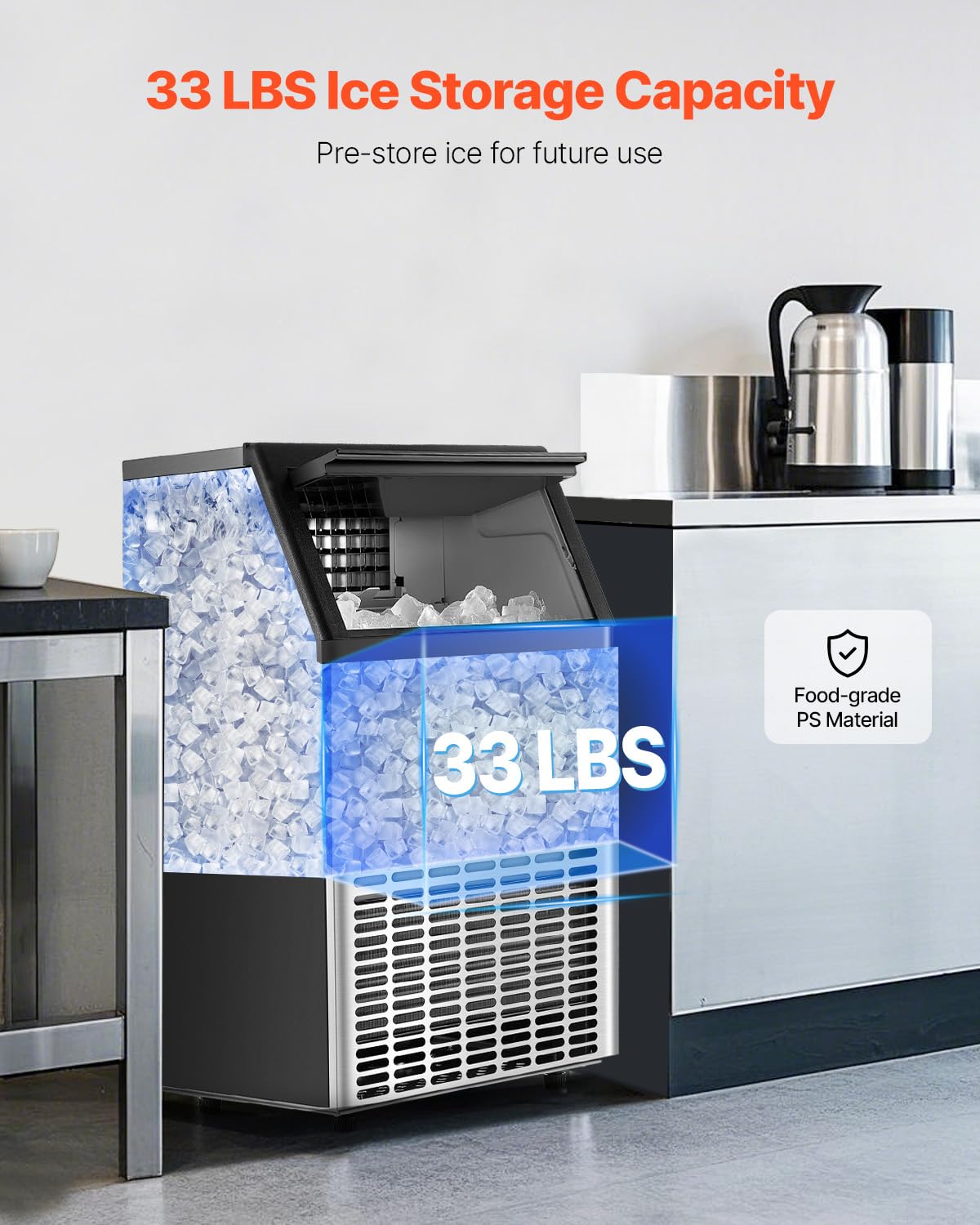 VEVOR 150lb/24h Commercial Ice Maker with 2 Water Inlets 45 Ice Cubes in 15 Minutes 33lb Capacity for Bar Office Restaurant with LED Digital Display and Self-Cleaning