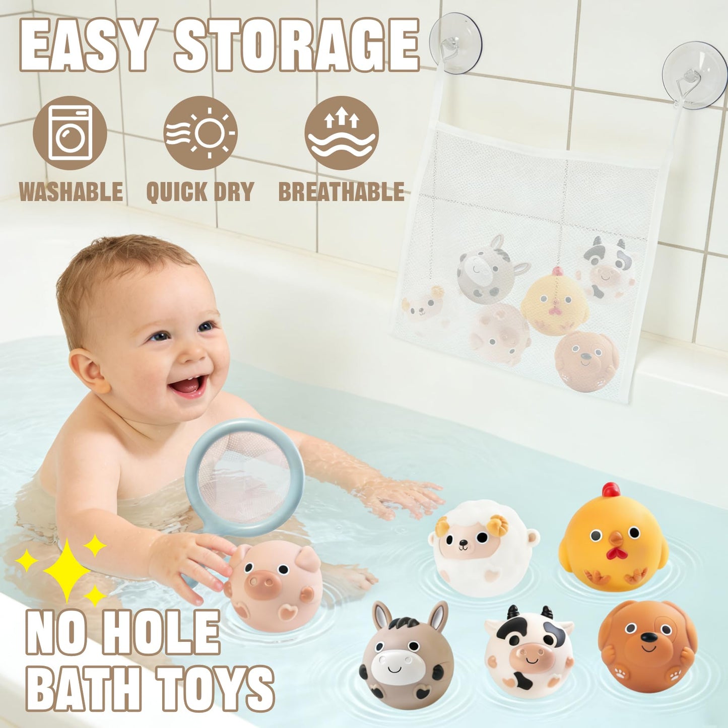 TXTLDB No-Hole Farm Bath Toys for Toddlers 1-3 | Slide, Basketball Hoop & 6 Animal Set | Easy to Clean & Dry Bathtub Play Gifts for Boys Girls