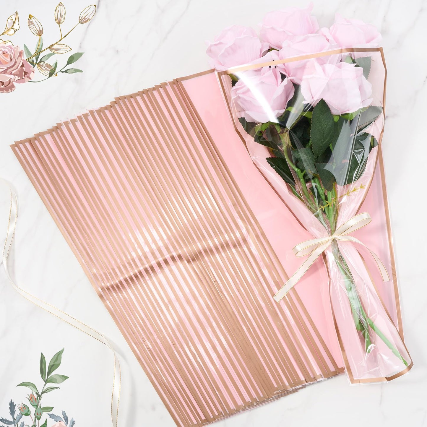 YooNotee 60 Pcs Flower Wrapping Bags for Valentine's Day Bouquets Supplies 17.7 x 10.9 Inches Plastic Flower Bouquet Sleeve Clear Front Floral Wraps with Ribbons for Graduation Party (Pink)