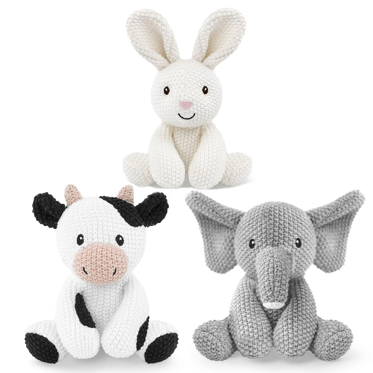 okegztoa 3Pcs Kids Stuffed Animals Toys 7-8" Knitted Crochet Bunny Plush Cute Elephant Cuddly Cow Cotton Animal Plush Toy Set Gift for Girls Boys and Babies, Christmas, Easter