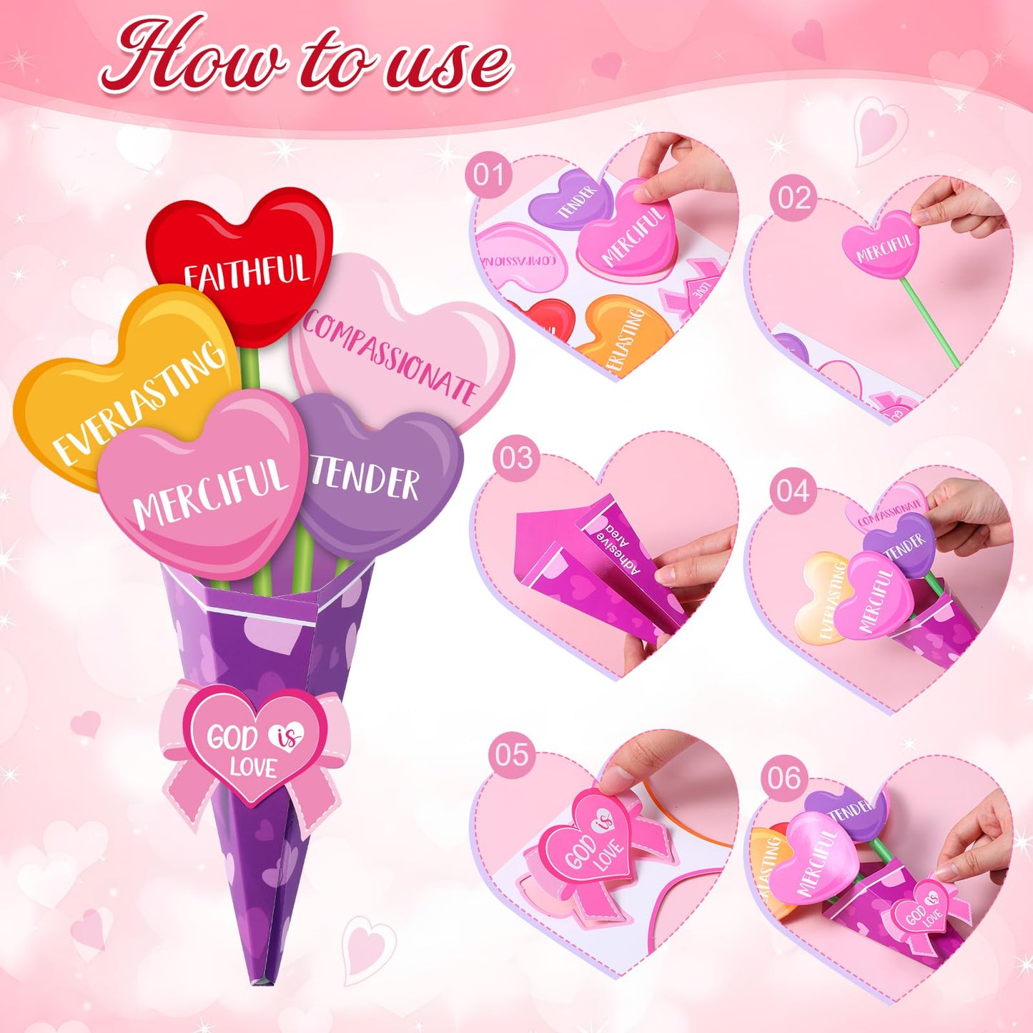 Funrous 48 Set Christian Mother's Day Crafts Kit Heart Sunday School Bible Flower Bouquet Making Kit DIY God is Love Flowers Paper Crafts for Religious Mother's Day Party Activity Gift Project