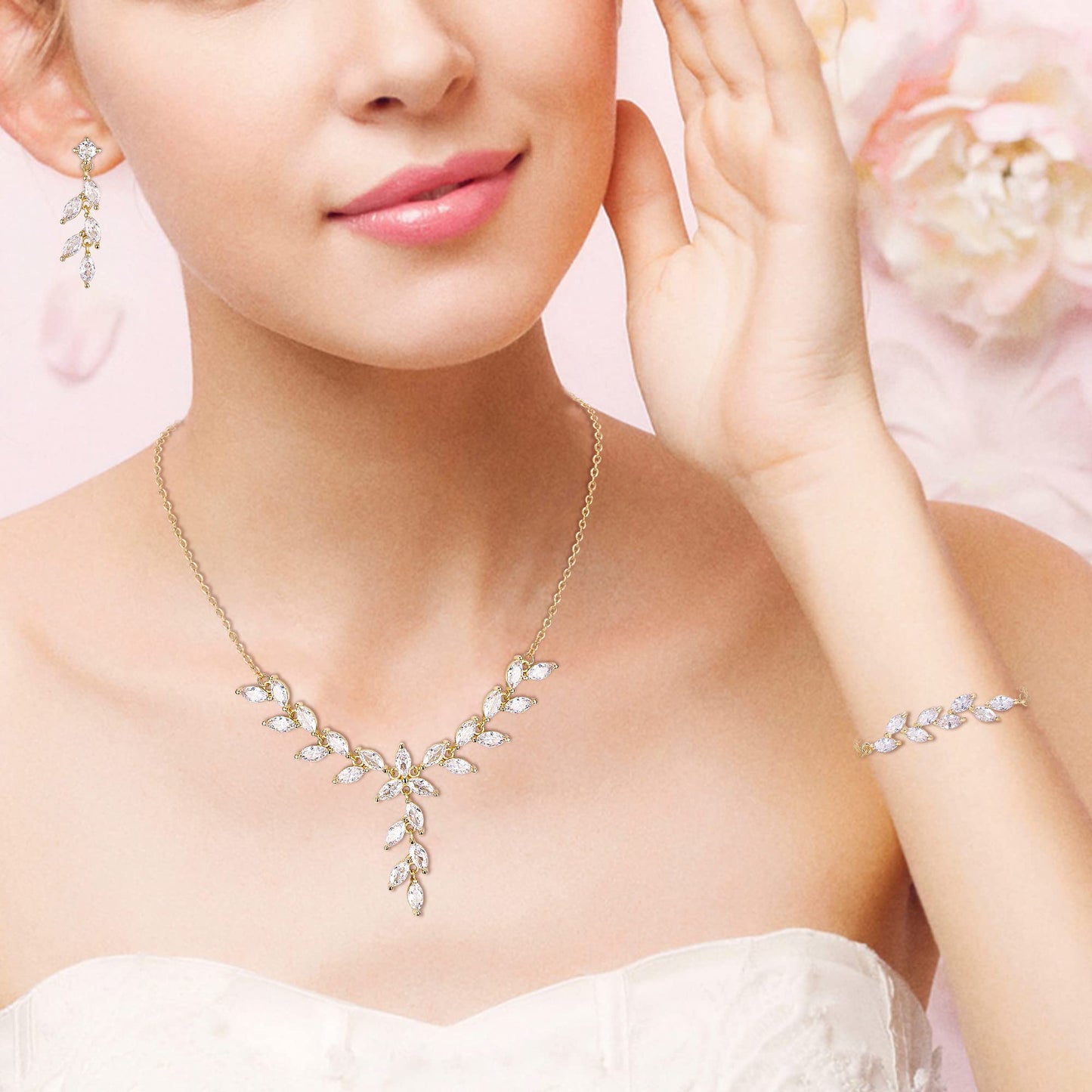 EVER FAITH Wedding Cubic Zirconia Jewelry Sets for Bride Bridesmaid, Sparkly Marquise Leaf Necklace Dangle Earrings Bracelet Set for Woman Clear Gold-Plated-Brass