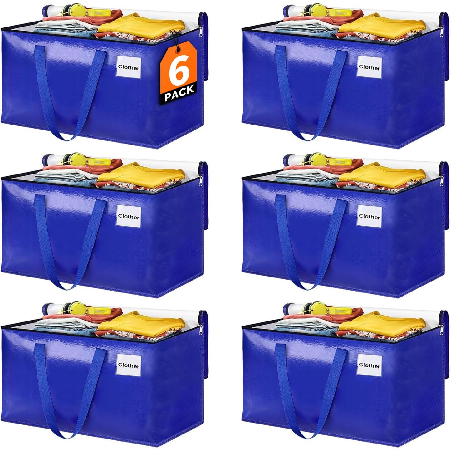 EpicTotes Extra Large Moving Bags, Storage Totes with Study Handles & Heavy Duty Zippers, Moving Supplies for Moving & Storage, Space Saving Packing Bags for Home & Dorm(88L 6-Pack)