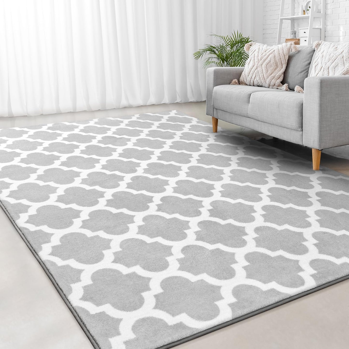 Jelymark Shag Moroccan Area Rug for Living Room, 8x10 Feet Modern Geometric Rug, Fluffy Distressed Faux Wool Floor Carpet, Memory Foam Rug for Bedroom Nursery Kids Room Home Decor, Light Grey/White