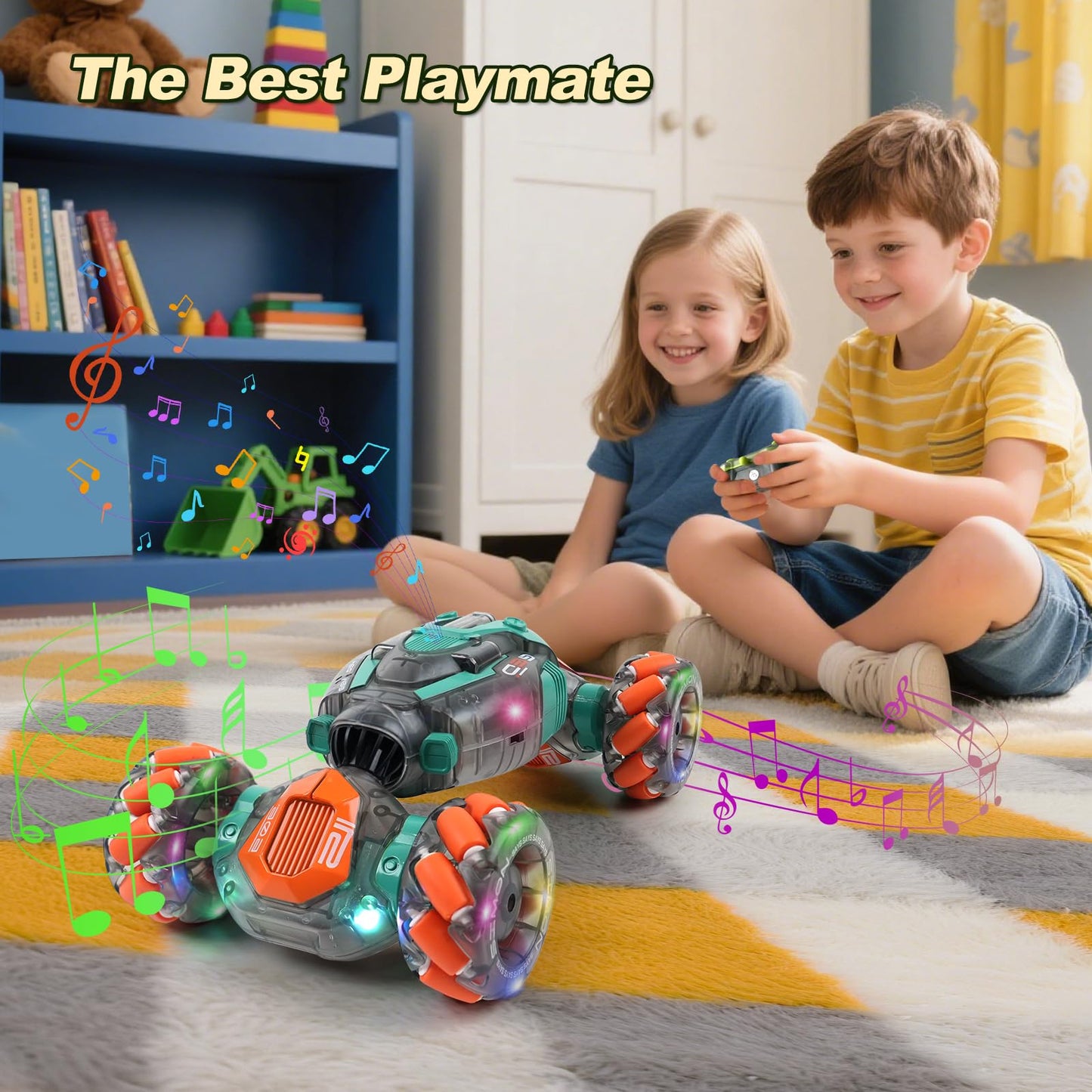 QPOU Gesture Sensing RC Stunt Car for Kids - 2.4Ghz Remote & Hand-Controlled Toy, Birthday Gifts for Boys 6 7 8 9 10 11 12 Year Old, Twist Off-Road Vehicle with Lights & Music