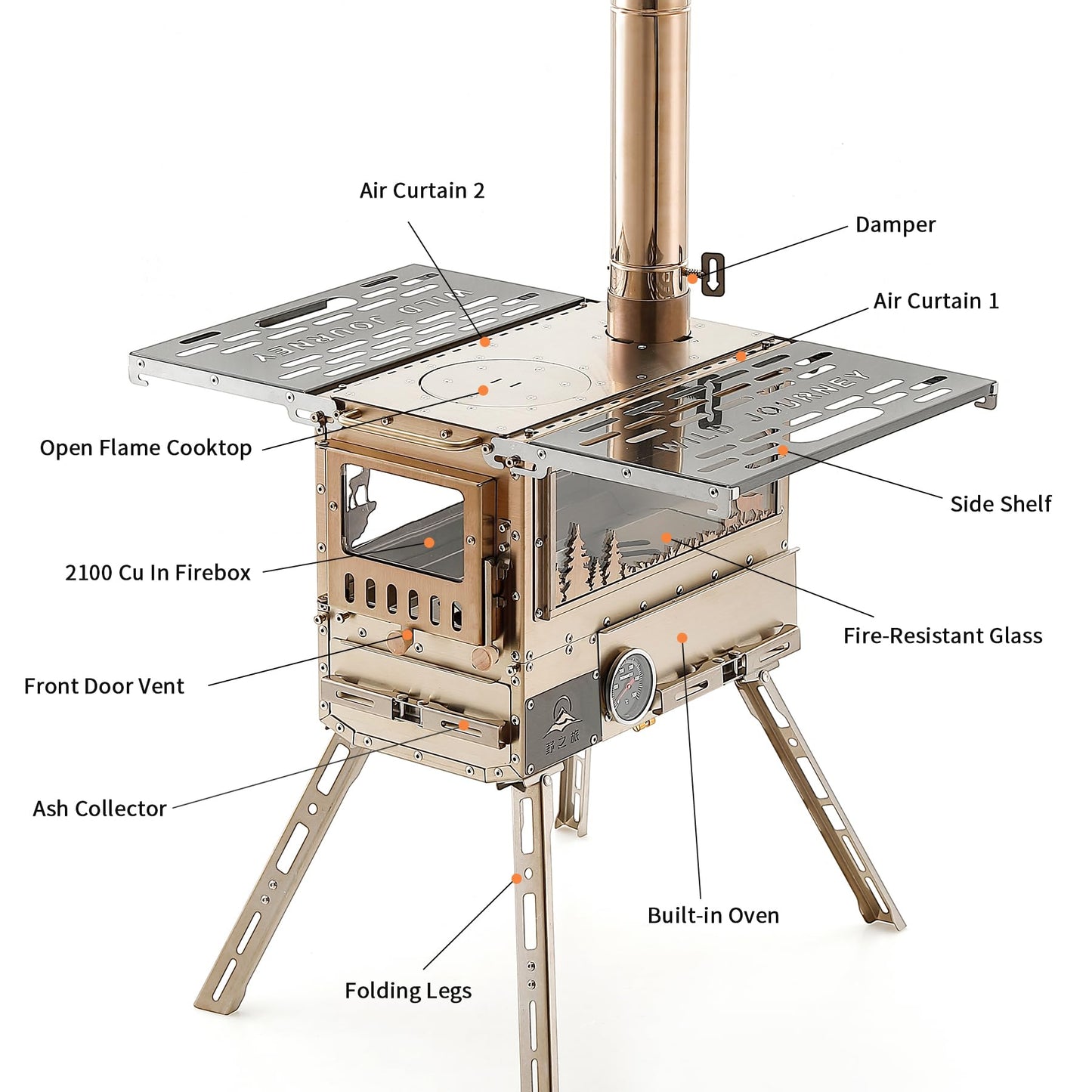 M6 Wood Burning Stove with Oven, 2100 Cu In Large Firebox & 3 Air Inlets, Stainless Steel Camp Stove with Foldable IGT Table, Ash Drawer & 6 Chimney Pipes for Outdoor Cooking, Camping
