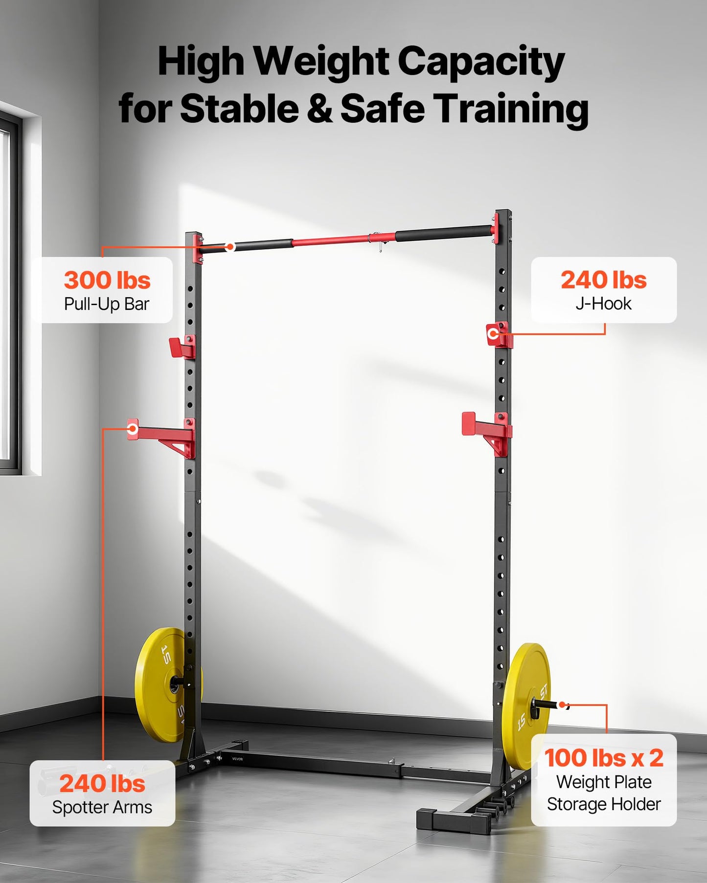 VEVOR Power Cage Rack, Multifunctional Squat Rack for Home Gym, Width-Adjustable Workout Strength Training Equipment with 6 Band Pegs, Landmine Attachment & Safety Bars for Bench Press Squats Pull-Up