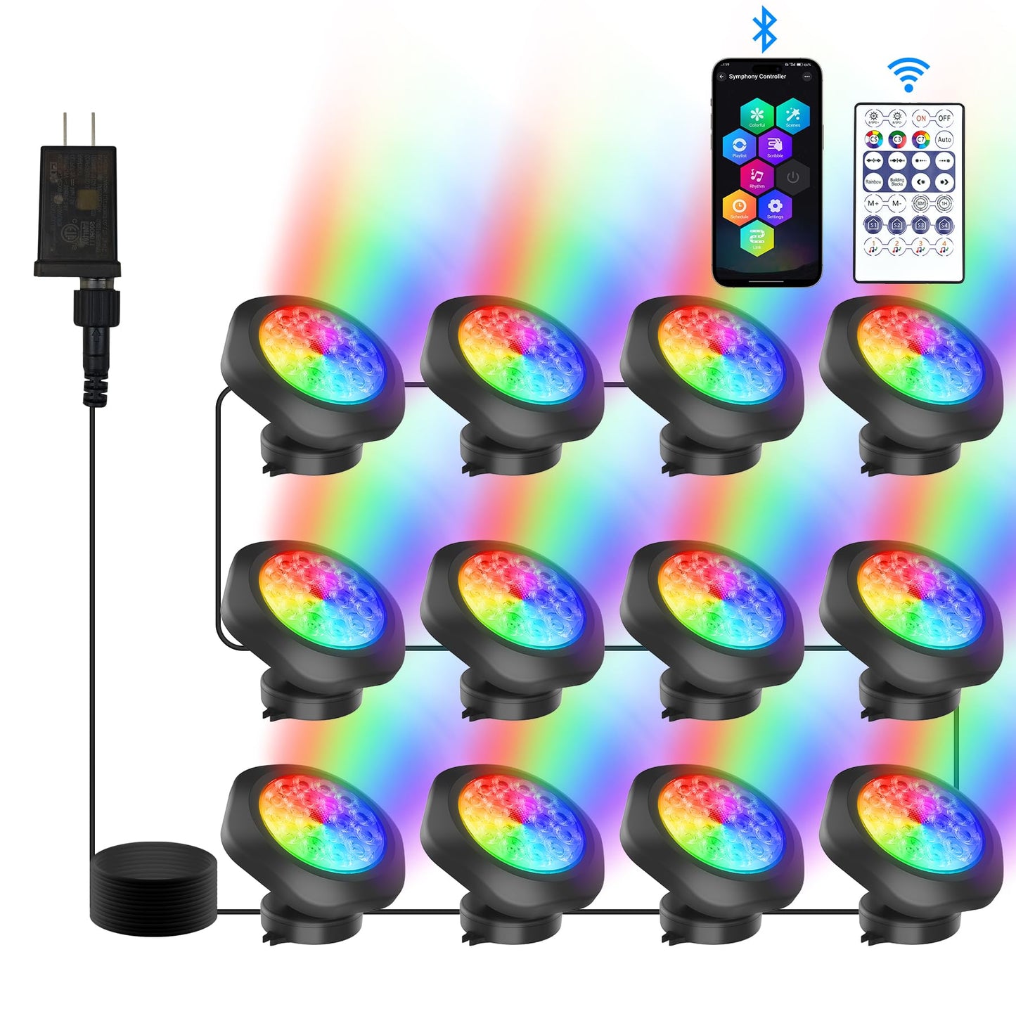 CREPOW RGB Underwater Pond Lights,Super Bright 18 LED Submersible Fountain Lights, Bluetooth APP Control IP68 Waterproof Color Changing Spotlights for Fish Aquarium Tank Yard Garden Pool(Set of 12)