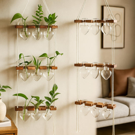 Leinuosen Wall Hanging Plant Propagation Stations Mother Gifts for Her Plant Lovers 3 Tiered 9 Heart Shaped Glass Vases Terrarium with Wooden Stand for Hydroponics Indoor Garden Home Decor(Clear)