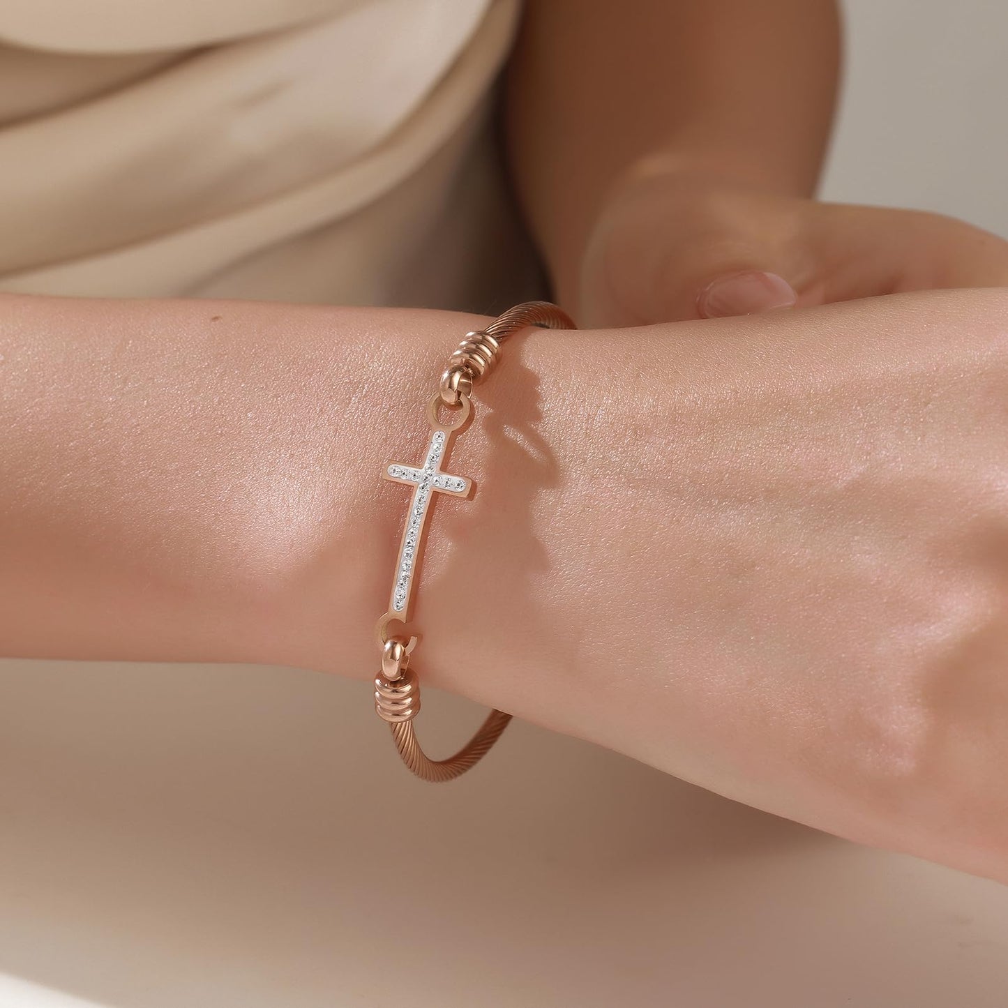 DS Religious Gift for Her Christian Cross Bracelet Bible Verse God is Within Her She Will Not Fall Inspirational Bracelets For Women Stainless Steel Jewelry Gift To Daughter Best Friend (Cross bracelet-Rose Gold 1)