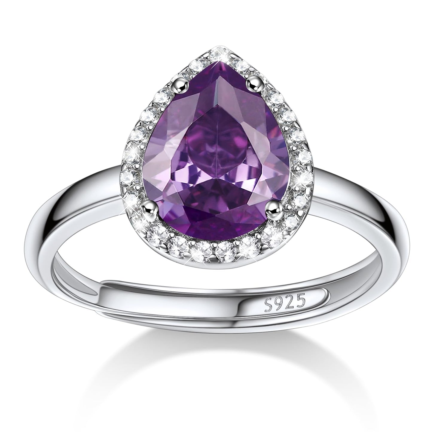 Bestyle 925 Sterling Silver Teardrop Crytsal Cubic Zirconia Rings | Classic Silver February Amethyst Crystal Birthstone Rings for Women, Great Birthday Gift for Wife/Mom/Grandma