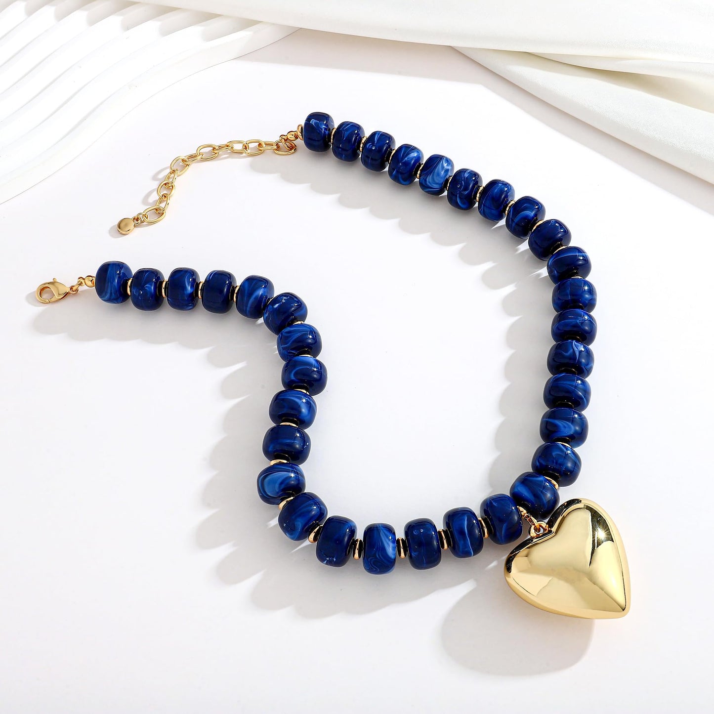 ENSKEFEN Big Gold Heart Pendant Necklaces for Women Chunky Resin Acrylic Beaded Choker Necklace Statement Dark Blue Beads Necklace Bold Fashion Jewelry