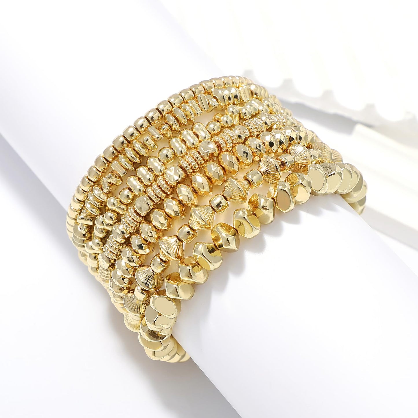 Sajidos Gold Plated Beaded Bracelets for Women Trendy, 14K Gold Plated Stack Cross Pearl Gold Plated Bead Stretch Bracelets Set Elastic Hypoallergenic Bracelets Jewelry Gifts