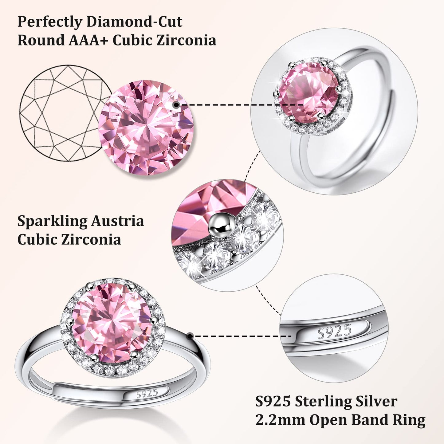 Bestyle Infinity Love Round October Pink Tourmaline Gemstone Rings with Sparkling CUbic Zirconia, Brilliant Love Round Diamond Halo Rings Statement Jewelry for Women