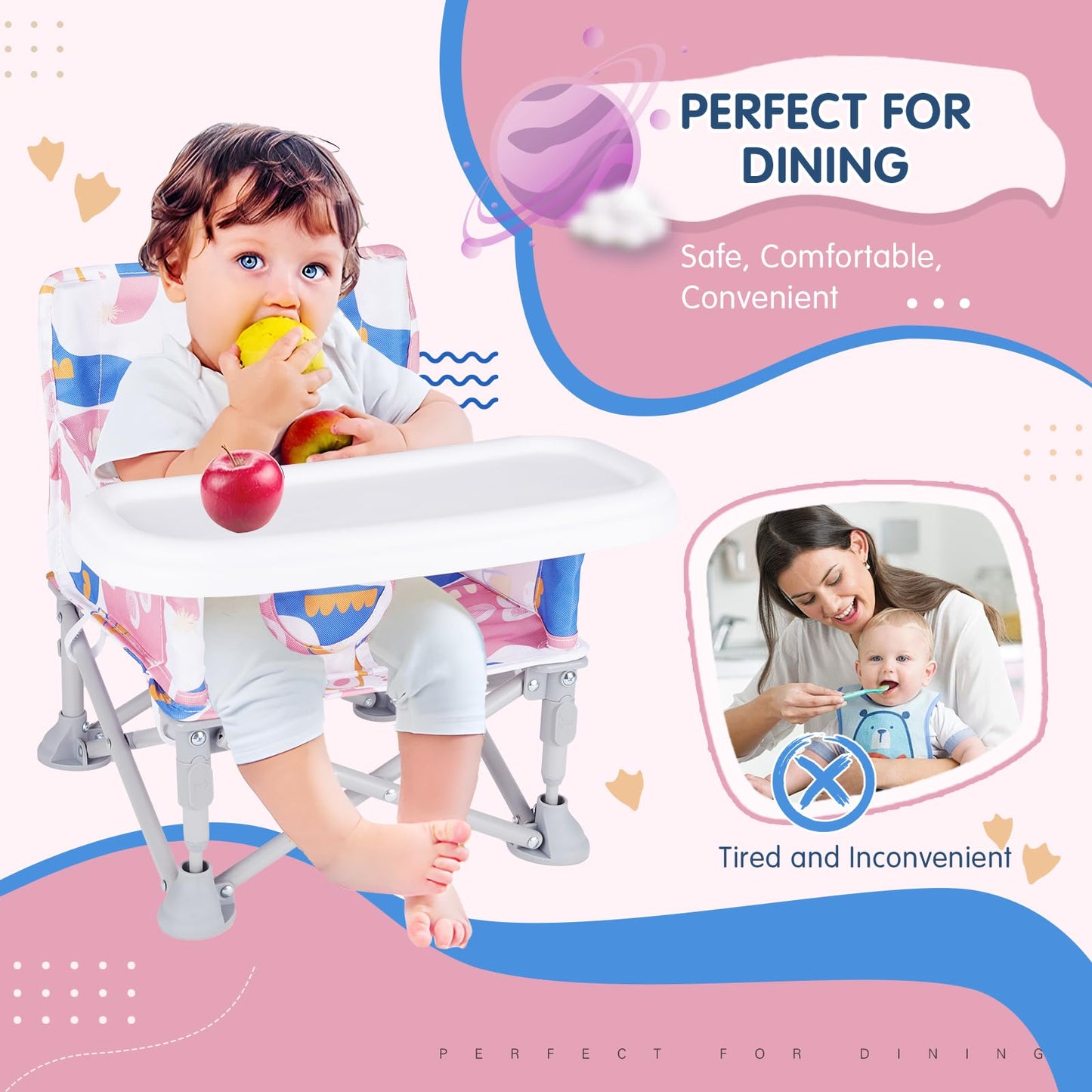Furmubei Portable Baby Booster Seat with Tray, Toddler Booster seat for Dining, Camping, Travel, Baby Beach Chair 6 Months to 3 Years Old Indoor Outdoor Use CH2408
